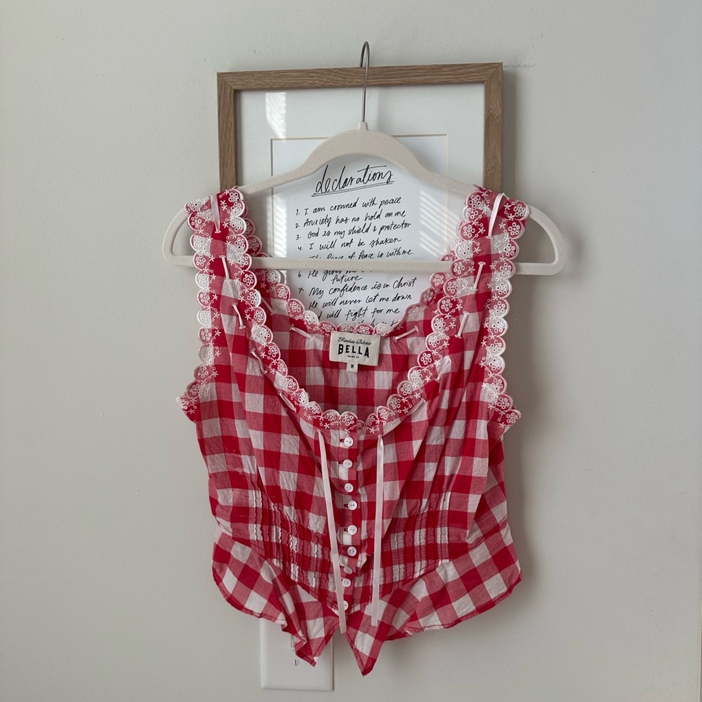 Frankie's Bikinis Red and White Gingham Lace-Trim Sleeveless Top